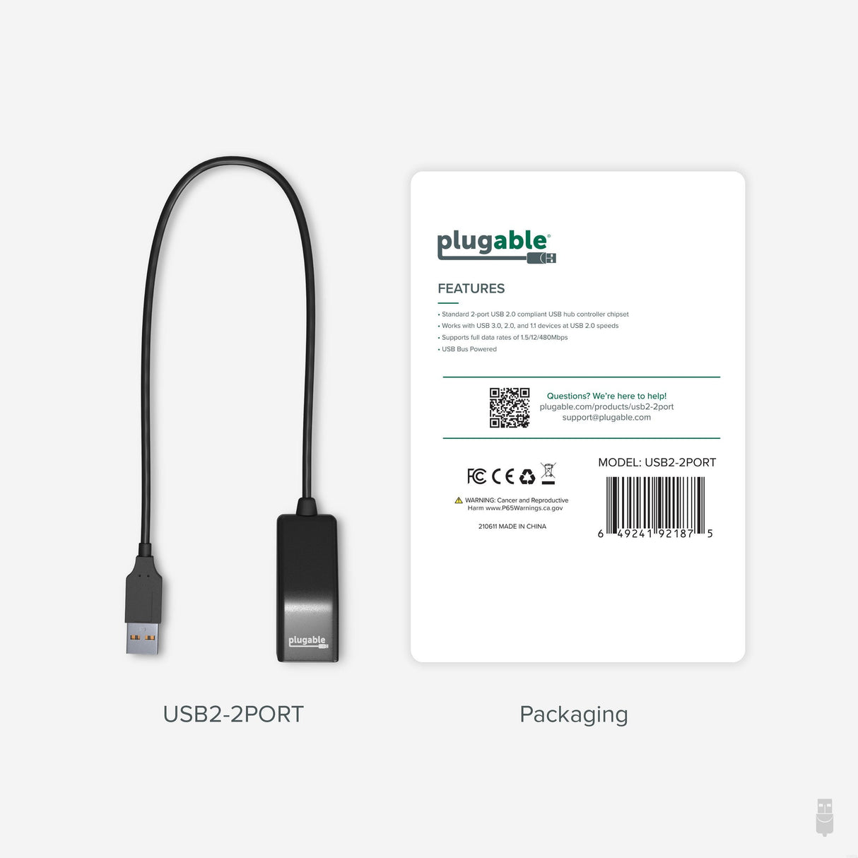 Plugable Technologies 2-in-1 USB Splitter with Dual USB 2.0 Ports, Compatible with Windows, Linux, macOS, Chrome OS, USB Multiport Hub for Laptops