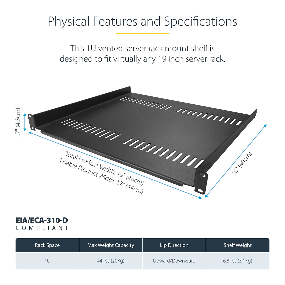 StarTech.com 2-Pack 1U Server Rack Shelf, Vented Universal Rack Mount Cantilever Shelf, For 19" Rack/Cabinet, Heavy-Duty Steel, 44lb/20kg Capacity, 16" Deep Tray
