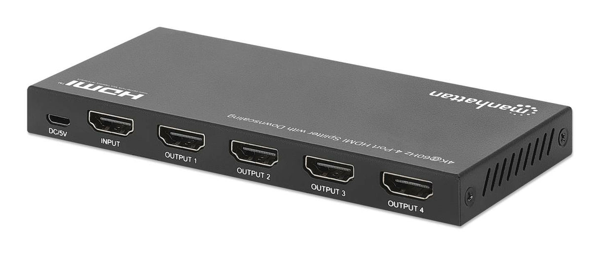 Manhattan HDMI Splitter with downscaling 4-Port , 4K@60Hz, Displays output from x1 HDMI source to x4 HD displays (same output to four displays), Downscale button to adjust a 4K input signal into 1080p, Micro-USB to USB-A power cable included (cable...