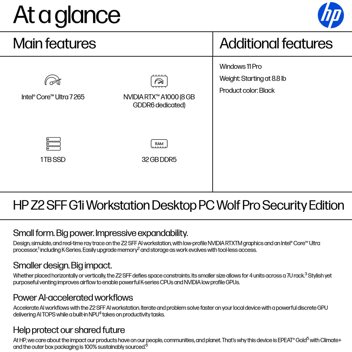 HP Z2 SFF G1i Wolf Pro Security Edition Intel Core Ultra 7 265 32 GB DDR5-SDRAM 1 TB SSD NVIDIA RTX A1000 Windows 11 Pro Workstation AI Workstation, AI PC Black