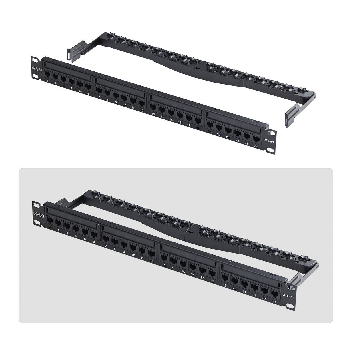 StarTech.com 24 Port 1U Feed Through Patch Panel with Cable Management Bar, Rackmount Cat6 Ethernet Patch Panel with RJ45 UTP Inline Couplers