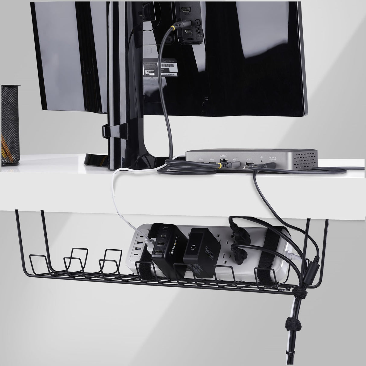 StarTech.com Under Desk Cable Management Tray, 24" Long, Metal Basket Style Cable Organizer, Screw-On Installation, Power Bar Holder, Metal, Black, TAA-Compliant