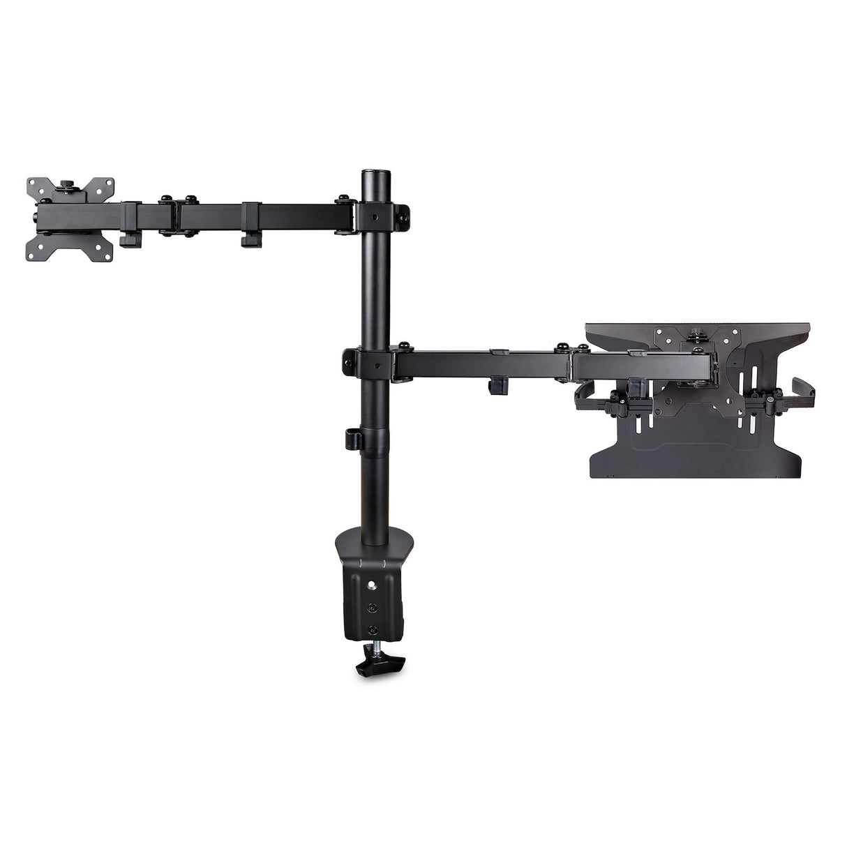 StarTech.com Monitor Arm with VESA Laptop Tray, For a Laptop (4.5kg/9.9lb) and a Single Display up to 32" (17.6lb/8kg), Black, Vented Tray, Adjustable Laptop Arm Mount, C-clamp/Grommet Mount