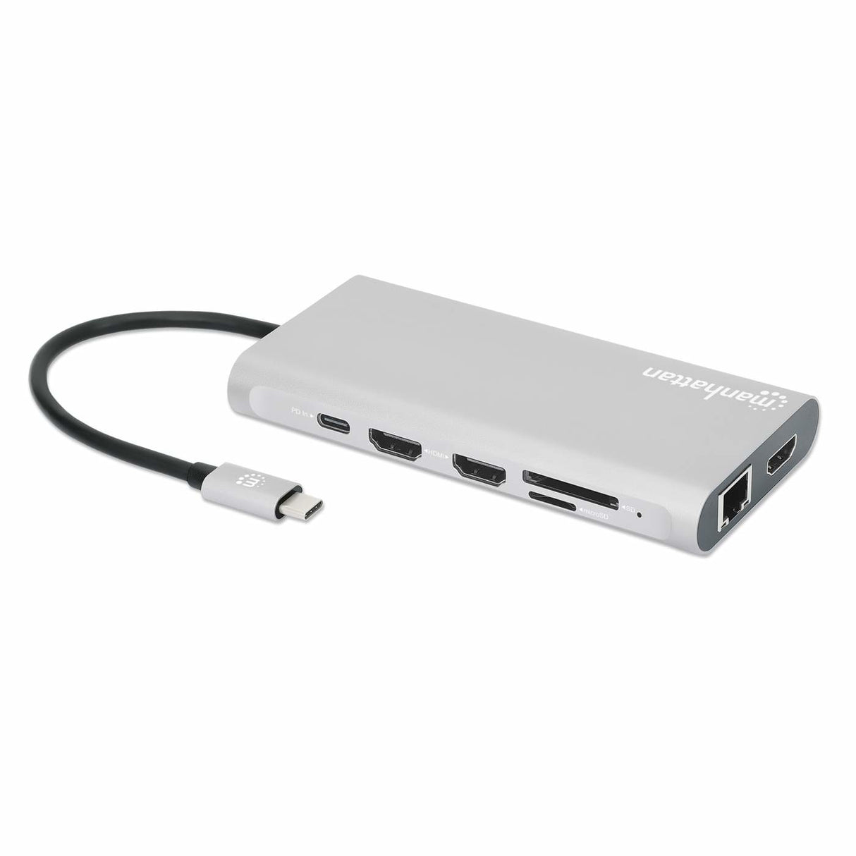 Manhattan USB-C Dock/Hub with Card Reader and MST, Ports (x10): Ethernet, 4K HDMI (X3), USB-A (x3) and USB-C (x2), With Power Delivery (100W) to 1x USB-C Port (USB-C wall charger/ cable needed), MST = Multi-Stream Transport, Universal for all devices