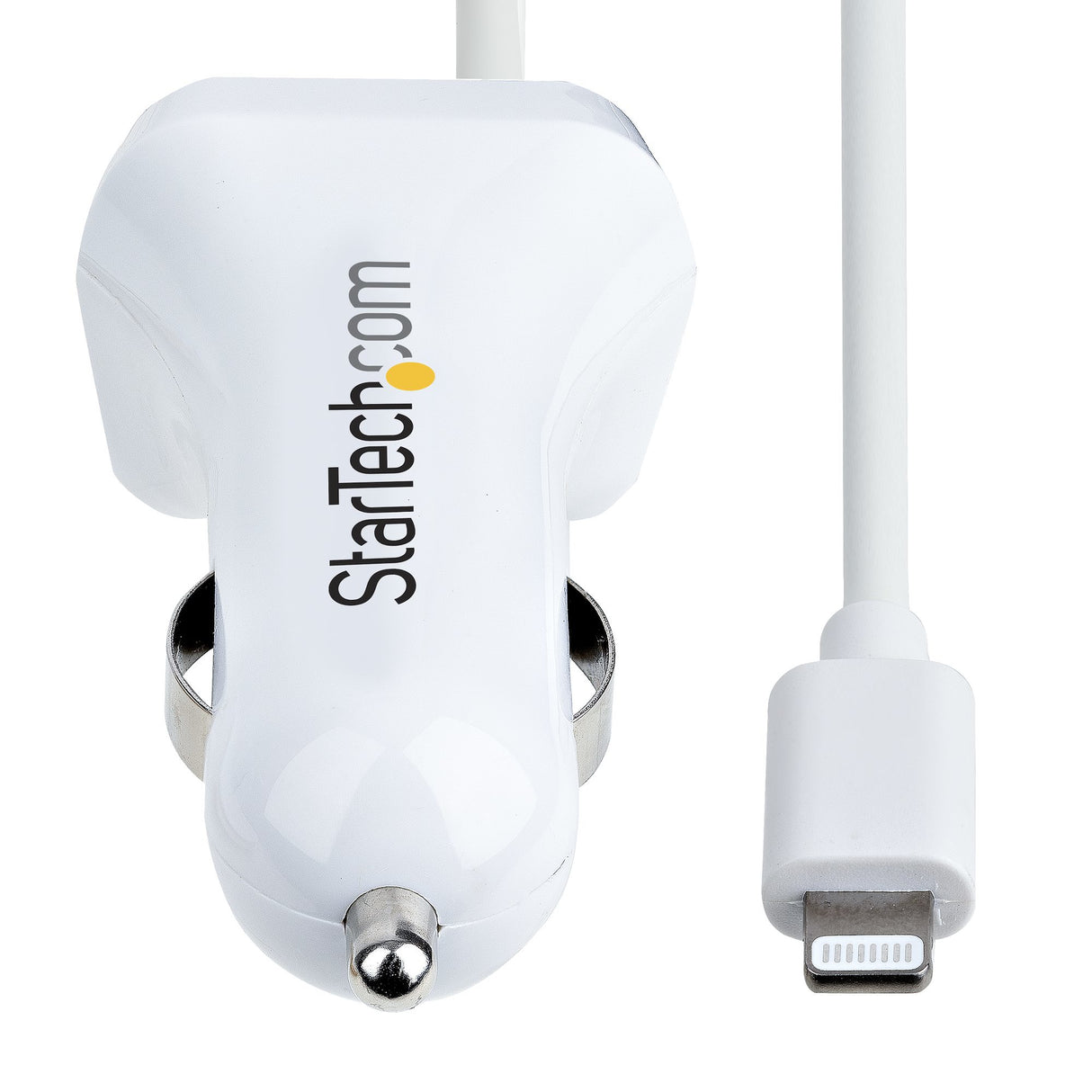 StarTech.com Lightning Car Charger with Coiled Cable, 1m Coiled Lightning Cable, 12W, White, 2 Port USB Car Charger Adapter for Phones and Tablets, Dual Device In Car iPhone Charger