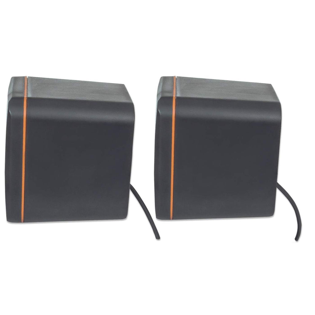 Manhattan 2600 Series Speaker System, Small Size, Big Sound, Two Speakers, Stereo, USB power, Output: 2x 3W, 3.5mm plug for sound, In-Line volume control, Cable 0.9m, Black, Three Year Warranty
