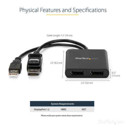 StarTech.com 2-Port Multi Monitor Adapter - DisplayPort 1.2 MST Hub - Dual 4K 30Hz or 1080p - USB Bus Powered - Video Splitter for Extended Desktop Mode on Windows PCs Only - DP to 2x DP