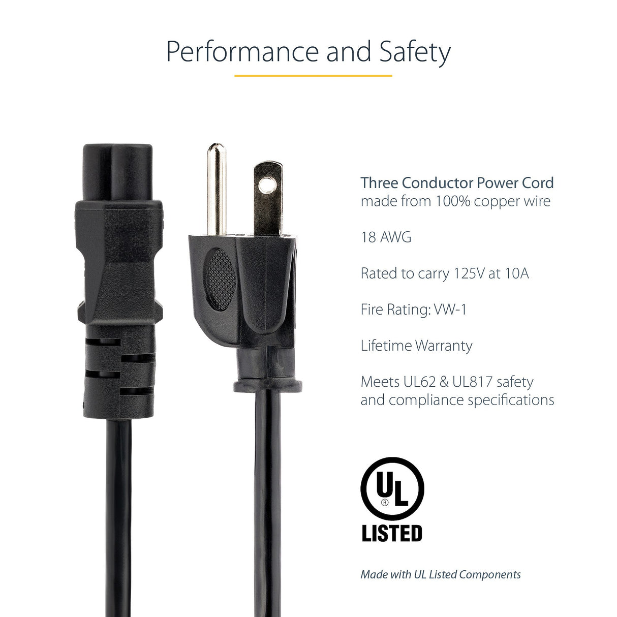 StarTech.com 6ft (1.8m) Laptop Power Cord, NEMA 5-15P to C5 (Clover Leaf), 10A 125V, 18AWG, Laptop Replacement Cord, Printer Power Cable, Laptop Charger Cord, Laptop Power Brick Cord - UL Listed