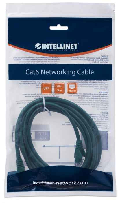 Intellinet Network Patch Cable, Cat6, 3m, Green, CCA, U/UTP, PVC, RJ45, Gold Plated Contacts, Snagless, Booted, Lifetime Warranty