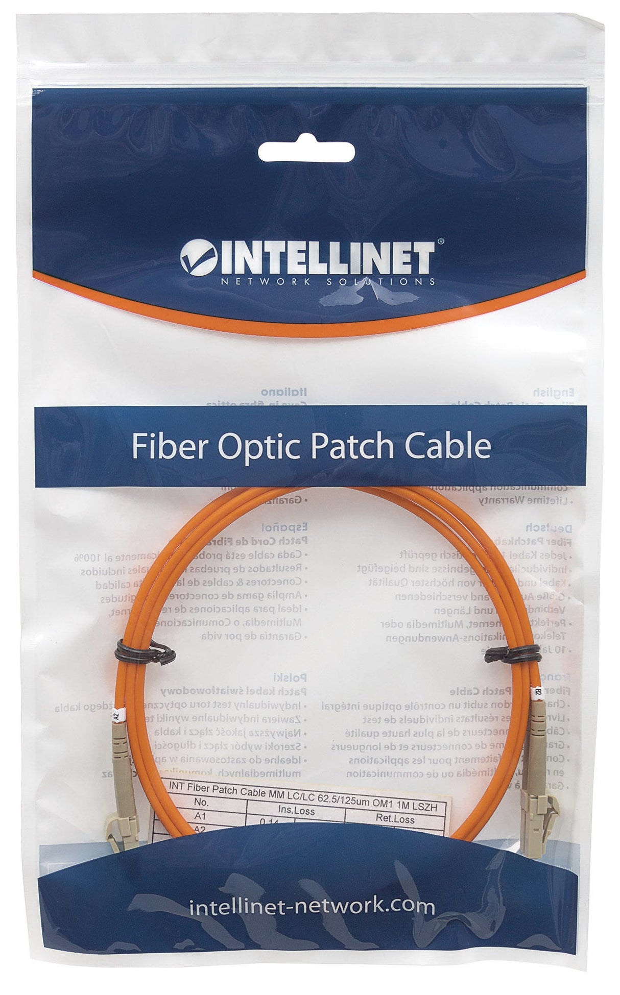 Intellinet Fiber Optic Patch Cable, OM1, LC/LC, 10m, Orange, Duplex, Multimode, 62.5/125 µm, LSZH, Fibre, Lifetime Warranty, Polybag
