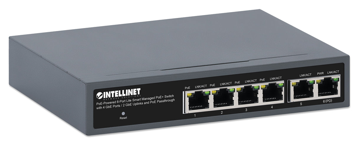 Intellinet PoE-Powered 6-Port Lite Smart Managed PoE+ Switch with 4 GbE Ports / 2 GbE Uplinks and PoE Passthrough