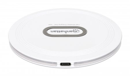 Manhattan Smartphone Wireless Charging Pad, Up to 15W charging (depends on device), QI certified, USB-C to USB-A cable included, USB-C input into pad, Cable 80cm, White, Three Year Warranty
