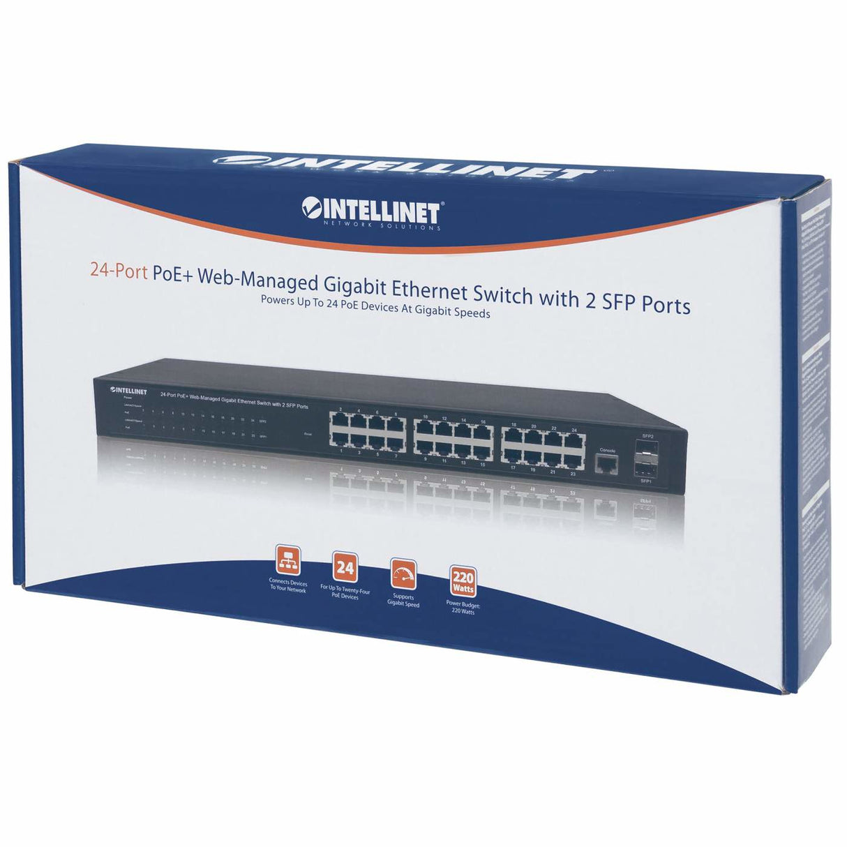 Intellinet 24-Port Gigabit Ethernet PoE+ Web-Managed Switch with 2 SFP Ports, 24 x PoE ports, IEEE 802.3at/af Power over Ethernet (PoE+/PoE), 2 x SFP, Endspan, 19" Rackmount