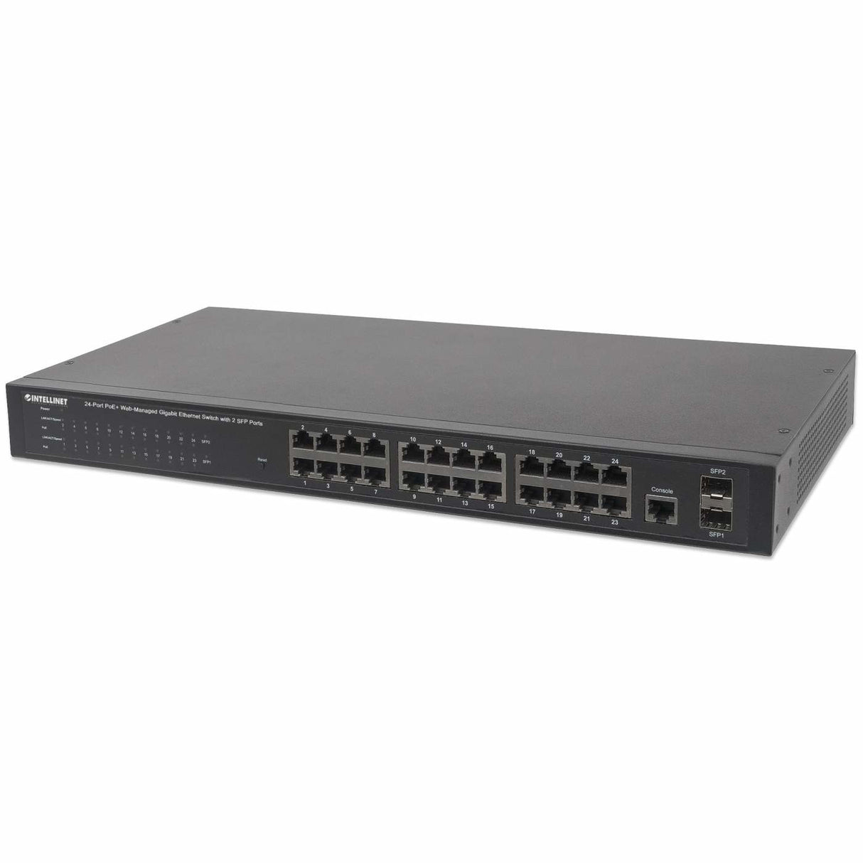 Intellinet 24-Port Gigabit Ethernet PoE+ Web-Managed Switch with 2 SFP Ports, 24 x PoE ports, IEEE 802.3at/af Power over Ethernet (PoE+/PoE), 2 x SFP, Endspan, 19" Rackmount