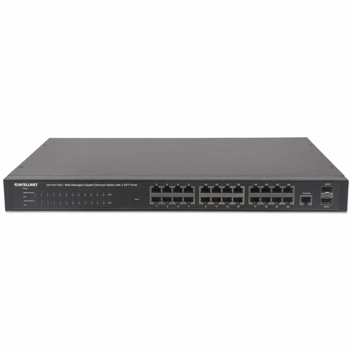 Intellinet 24-Port Gigabit Ethernet PoE+ Web-Managed Switch with 2 SFP Ports, 24 x PoE ports, IEEE 802.3at/af Power over Ethernet (PoE+/PoE), 2 x SFP, Endspan, 19" Rackmount