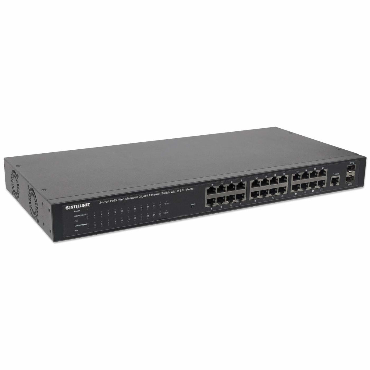 Intellinet 24-Port Gigabit Ethernet PoE+ Web-Managed Switch with 2 SFP Ports, 24 x PoE ports, IEEE 802.3at/af Power over Ethernet (PoE+/PoE), 2 x SFP, Endspan, 19" Rackmount