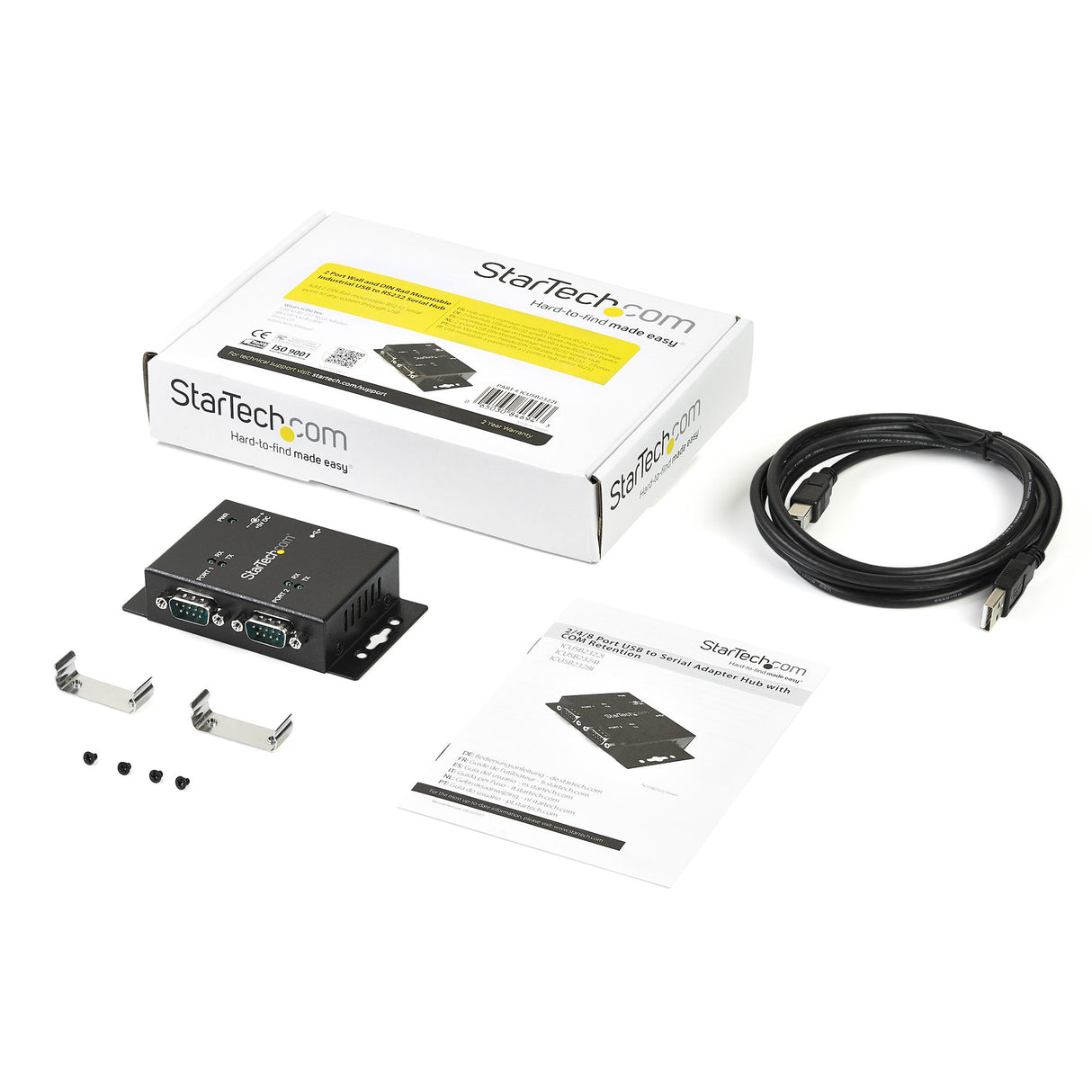 StarTech.com 2 Port Industrial Wall Mountable USB to Serial Adapter Hub with DIN Rail Clips - TAA