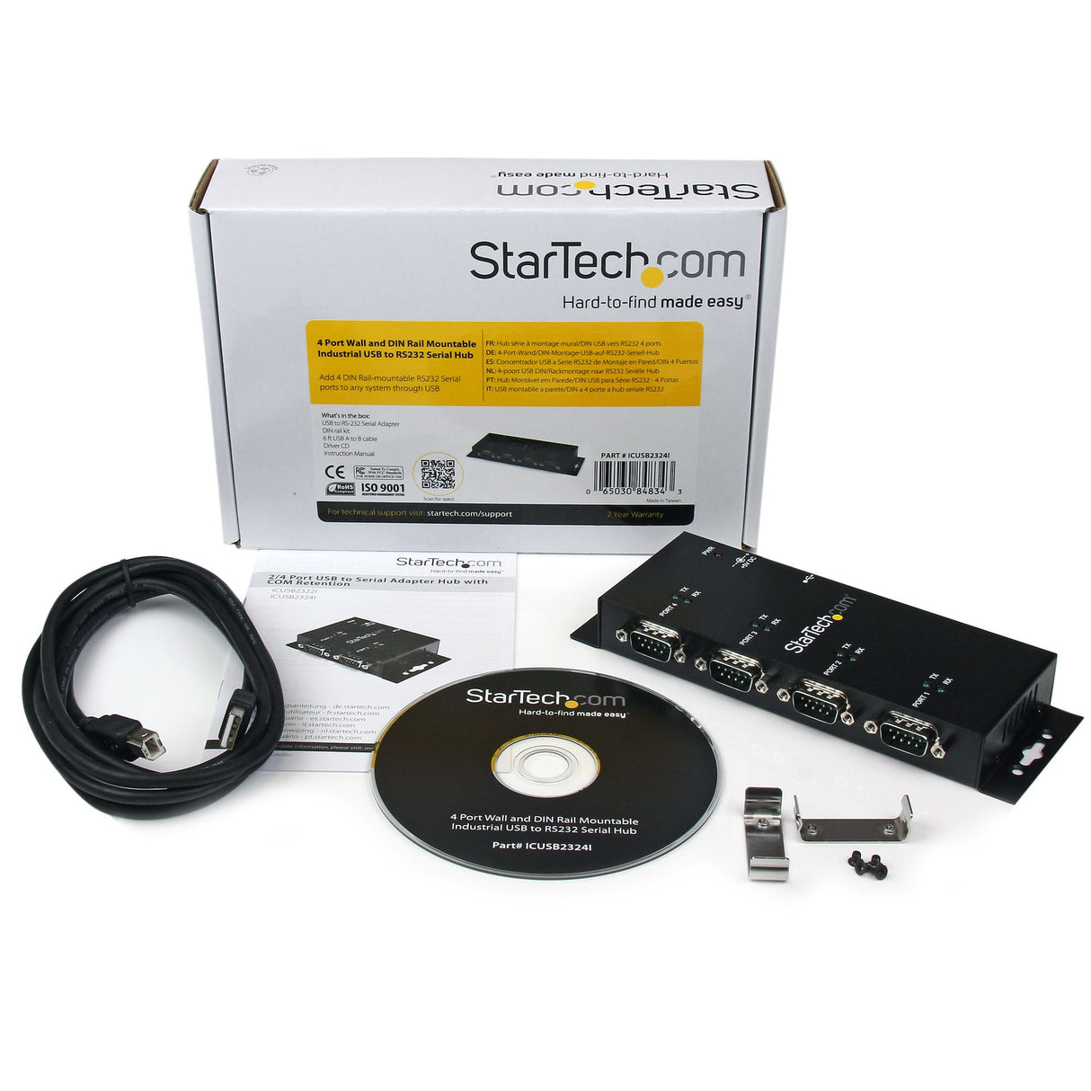StarTech.com 4 Port USB to DB9 RS232 Serial Adapter Hub – Industrial DIN Rail and Wall Mountable - TAA