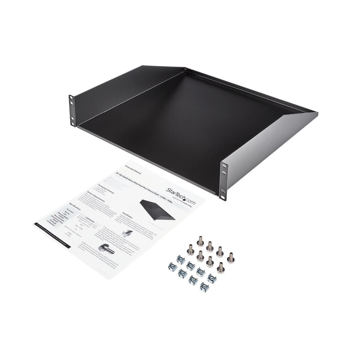 StarTech.com 2U Server Rack Shelf - Universal Rack Mount Cantilever Shelf for 19" Network Equipment Rack & Cabinet - Heavy Duty Steel – Weight Capacity 125lb/56kg - 18" Deep Tray, Black