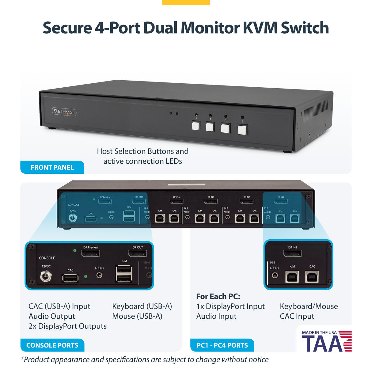 StarTech.com Secure 4-Port KVM Switch, DisplayPort, 4K 60Hz, NIAP 4.0 Desktop KVM, Multi-View Preview Screen, CAC, Metal Housing, Made in the USA