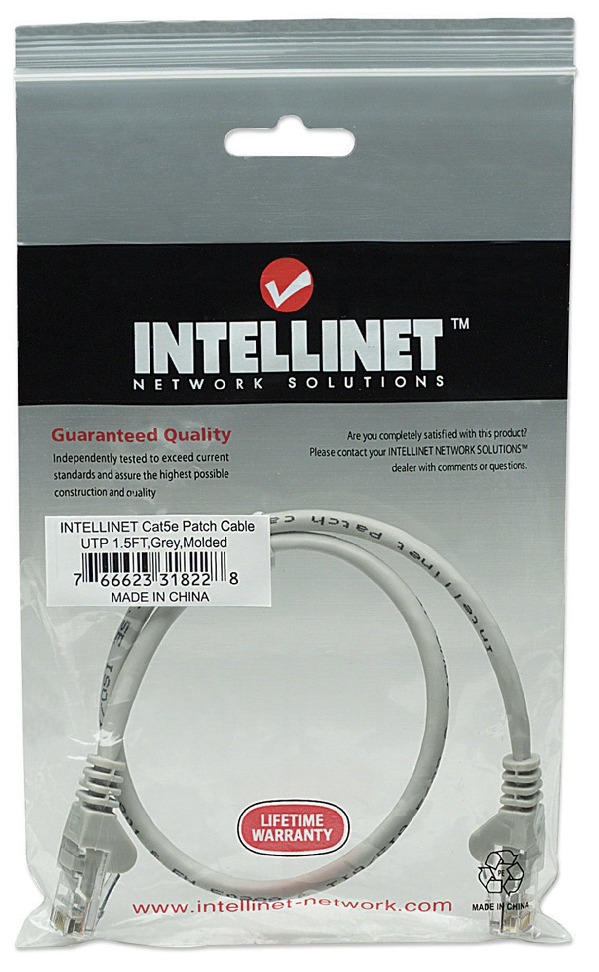 Intellinet Network Patch Cable, Cat5e, 0.5m, Grey, CCA, U/UTP, PVC, RJ45, Gold Plated Contacts, Snagless, Booted, Lifetime Warranty