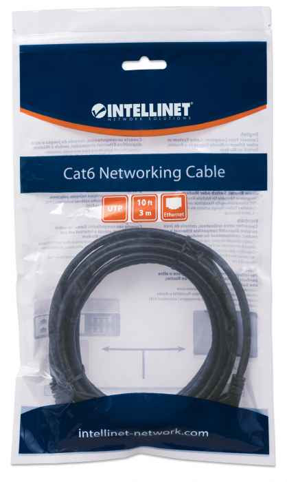 Intellinet Network Patch Cable, Cat6, 3m, Black, CCA, U/UTP, PVC, RJ45, Gold Plated Contacts, Snagless, Booted, Lifetime Warranty