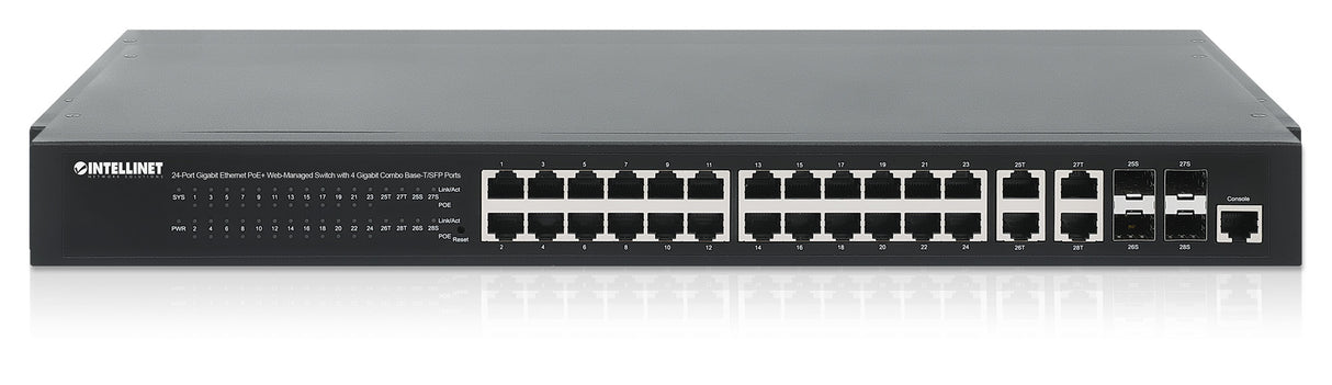 Intellinet 24-Port Gigabit Ethernet PoE+ Web-Managed Switch with 4 Gigabit Combo Base-T/SFP Ports, IEEE 802.3at/af Power over Ethernet (PoE+/PoE) Compliant, 370 W, Endspan, 19" Rackmount