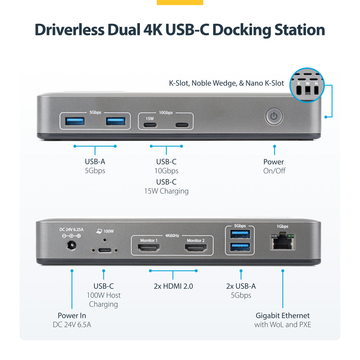 StarTech.com Dual-Monitor USB-C Docking Station, HDMI, 4K 60Hz, 100W Laptop Charging, 1GbE, Driverless, Multi-Monitor Dock For Windows