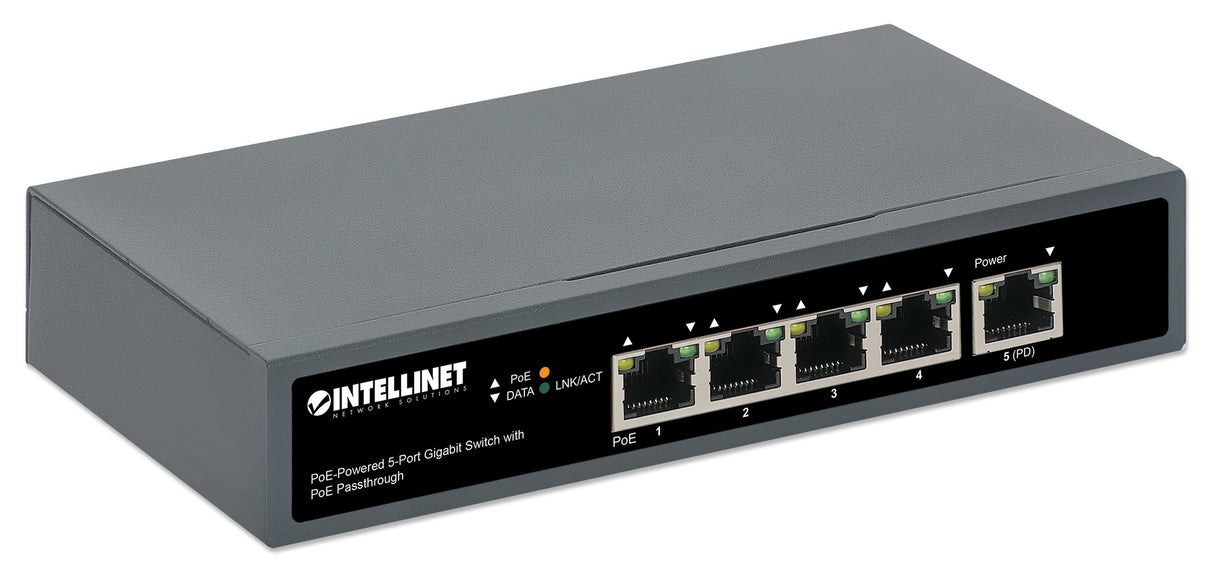 Intellinet 5-Port Gigabit Switch with PoE Passthrough, One IEEE 802.3bt (PoE++ / 4PPoE) PD PoE Port with 95 W Power Input, Four PSE PoE ports, PoE Power Budget up to 65 W, IEEE 802.3at/af Compliant Output, Desktop, Wall-mount Option