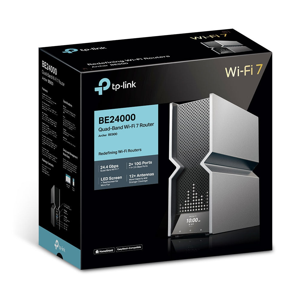 TP-Link Archer BE900 wireless router Multi-Gigabit Ethernet Quad-band (2.4 GHz / 5 GHz-1 / 5 GHz-2 / 6 GHz) Black, Grey