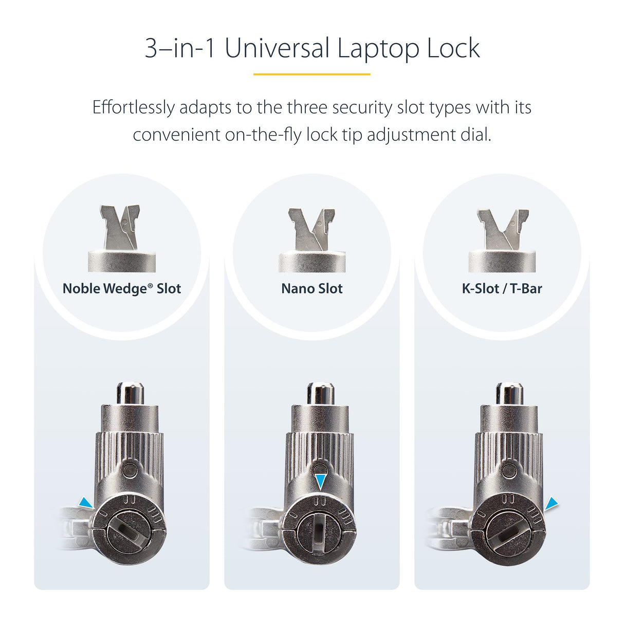 StarTech.com 3-in-1 Universal Laptop Lock 6.6ft (2m), Master Keyed Locking Cable, Compatible w/Noble Wedge®/Nano/K-Slot, Anti-Theft Cut-Resistant Cable, TAA