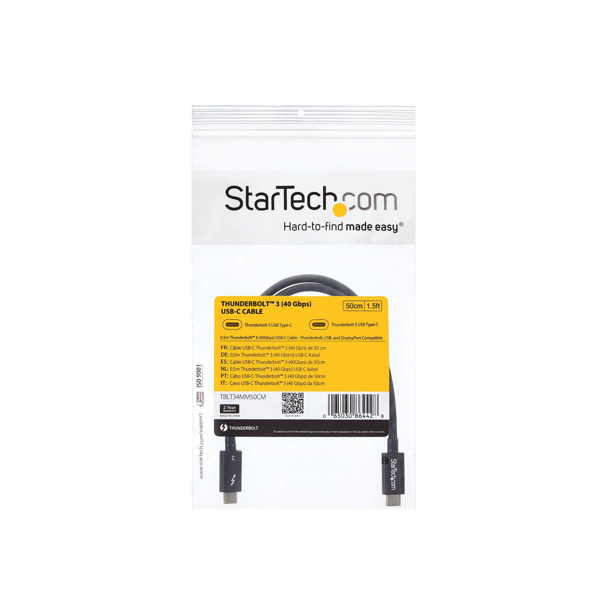 StarTech.com 50cm (1.6ft) Thunderbolt 3 Cable, 40Gbps, 100W PD, 4K/5K, Thunderbolt Certified, Compatible with Thunderbolt 4/USB 3.2/DisplayPort