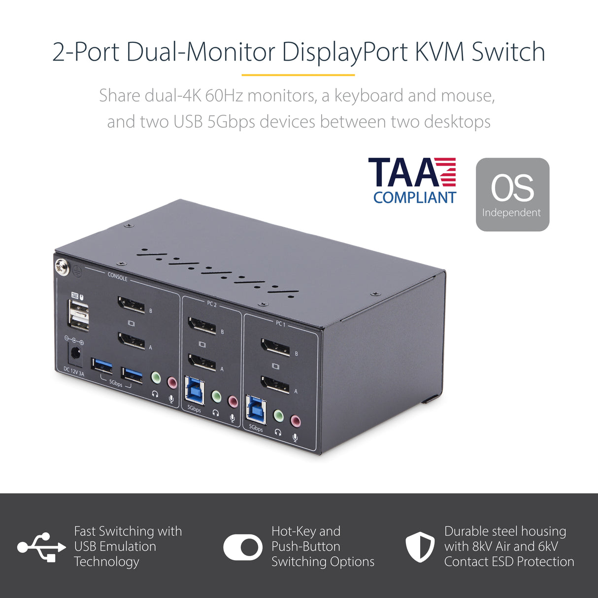 StarTech.com 2-Port Dual-Monitor DisplayPort KVM Switch, 4K 60Hz, 2x USB 5Gbps Hub Ports, 2x USB 2.0 HID Ports, Hotkey and Push-Button Switching, TAA Compliant - 3.5mm Audio, HDCP