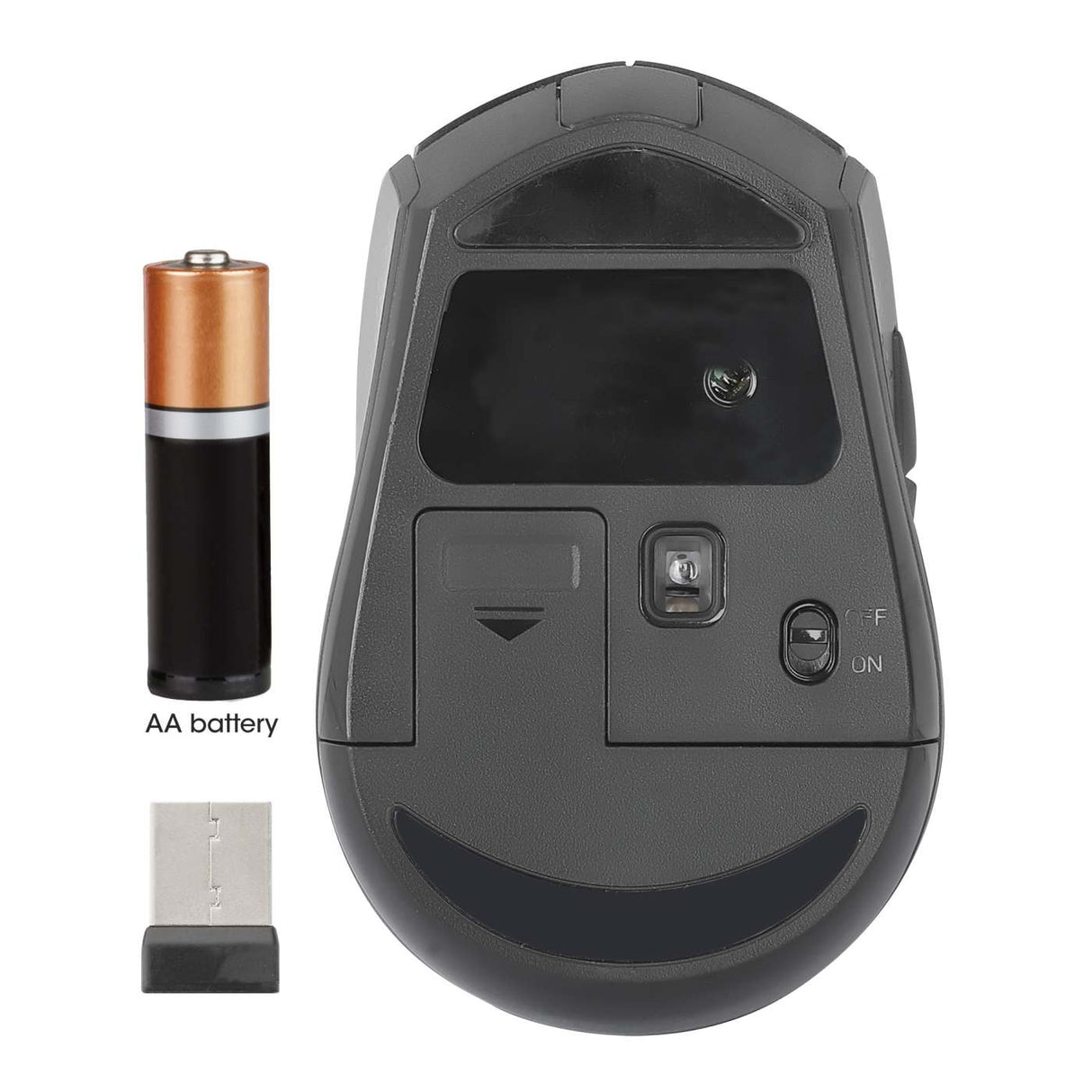 Manhattan MW6020 Wireless Mouse, Black, Adjustable 800/1200/1600dpi via top-mount push-button control, 2.4Ghz (effective range up to 10m), USB, Optical, Ambidextrous, Six Button with Scroll Wheel, USB-A nano receiver, AA battery (included)