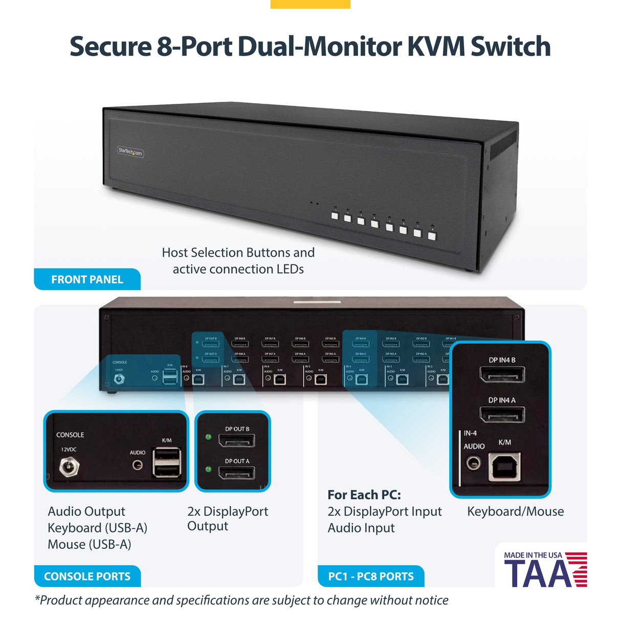 StarTech.com Secure 8-Port Dual-Monitor KVM Switch, DisplayPort, 4K 60Hz, NIAP 4.0 Desktop KVM, Metal Housing, Made in the USA