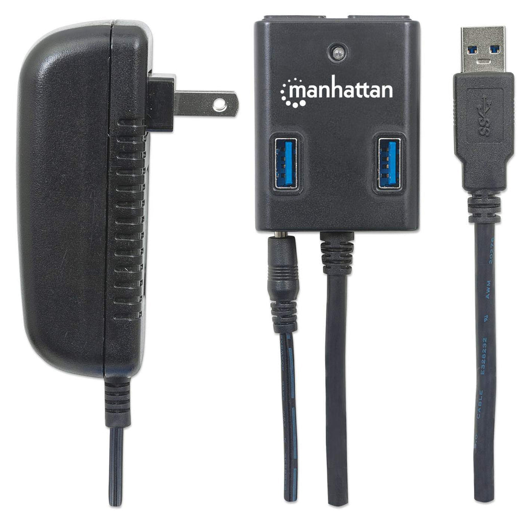 Manhattan USB-A 4-Port Hub, 4x USB-A Ports, 5 Gbps (USB 3.2 Gen1 aka USB 3.0), AC or Bus Power, Fast charge up to 0.9A per port with inc power adapter, SuperSpeed USB, Black, Three Year Warranty
