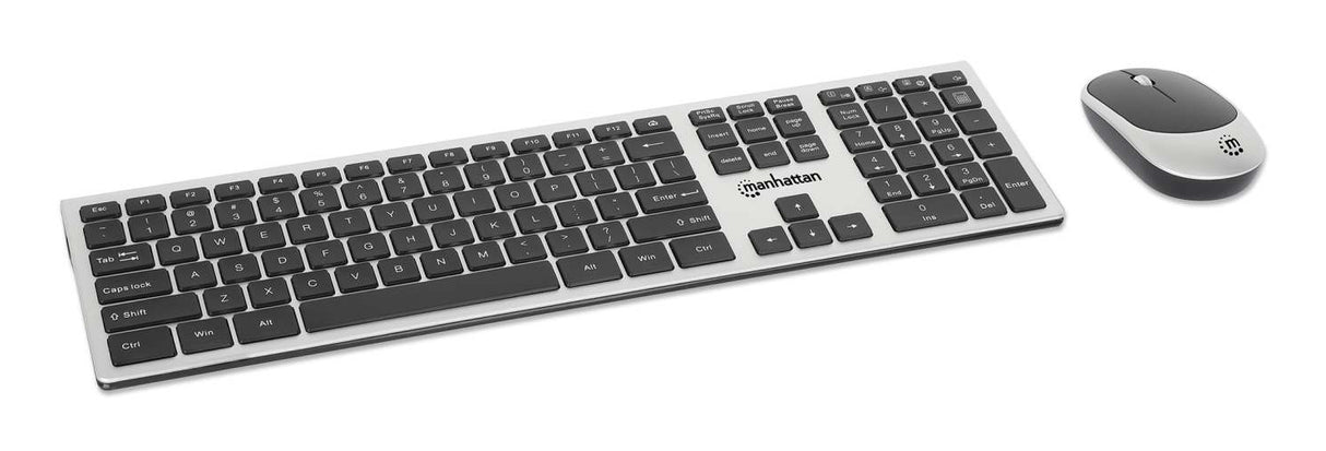 Manhattan One Single USB-A Nano Receiver for Both, Full-Size Wireless Keyboard, Ambidextrous Optical Mouse with Three Buttons and Scroll Wheel, 1200 dpi, Silver/Black