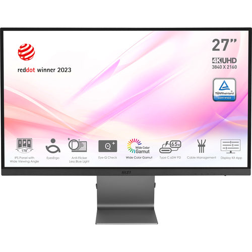 MSI Modern MD271UL 27 Inch Monitor, UHD (3840 x 2160), 60Hz, IPS, 4ms, Adaptive-Sync, 2x HDMI, DisplayPort, USB Type-C, Anti-Glare, Anti-Flicker, Less Blue light, TÜV Certified, Kensington, Grey