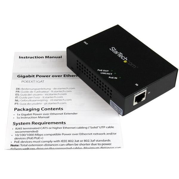 StarTech.com 1-Port Gigabit PoE+ Extender - 802.3at and 802.3af - 100 m (330 ft) - TAA