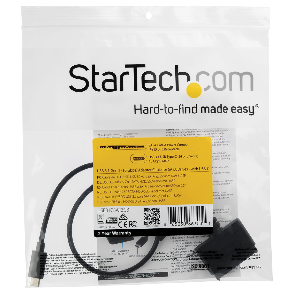 StarTech.com SATA to USB-C Cable, USB 10Gbps to 2.5in SATA I II III Hard Drive Adapter, External Converter for SSD or HDD Data Transfer
