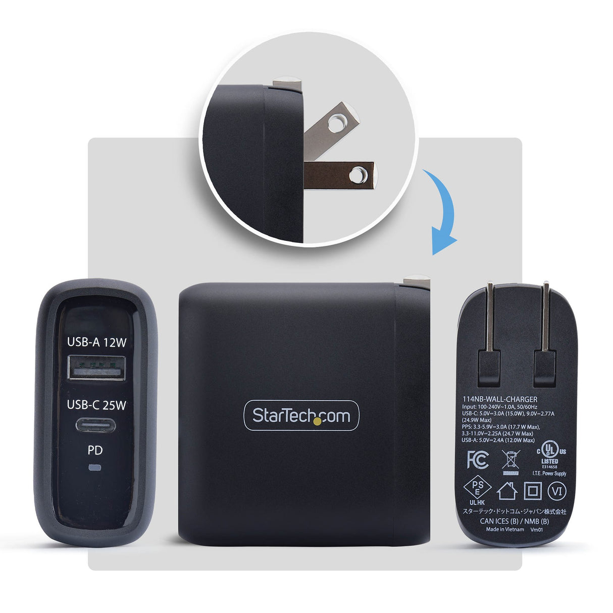 StarTech.com 37W USB-C & USB-A Wall Charger, Portable Charger with USB Power Delivery Fast Charging, 25W USB-C PD / 12W USB-A Output, Dual-Port USB-C/USB-A