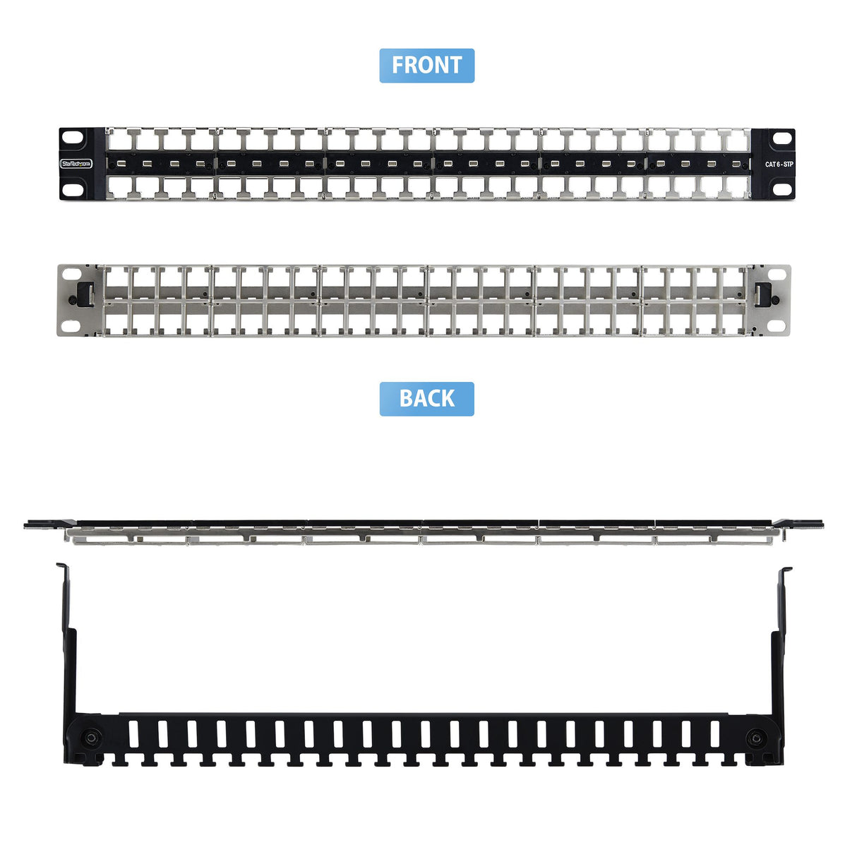StarTech.com 48 Port 1U Blank Keystone Patch Panel with Cable Management Bar, Rackmount Cat6 Patch Panel for RJ45 STP Ethernet Network Jacks