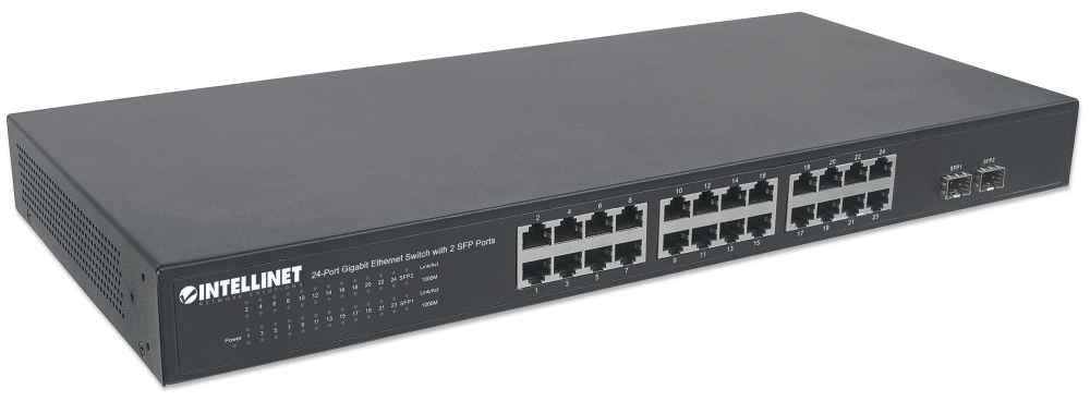 Intellinet 24-Port Gigabit Ethernet Switch with 2 SFP Ports, 24 x 10/100/1000 Mbps RJ45 Ports + 2 x SFP, IEEE 802.3az (Energy Efficient Ethernet), 19" Rackmount, Metal