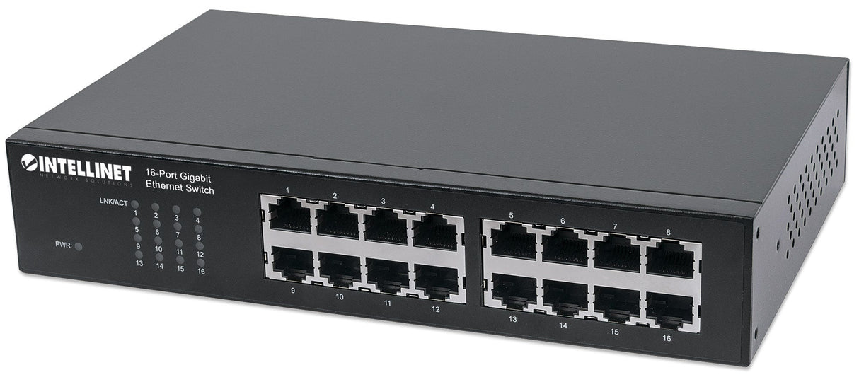 Intellinet 16-Port Gigabit Ethernet Switch, 16-Port RJ45 10/100/1000 Mbps, IEEE 802.3az Energy Efficient Ethernet, Desktop, 19" Rackmount