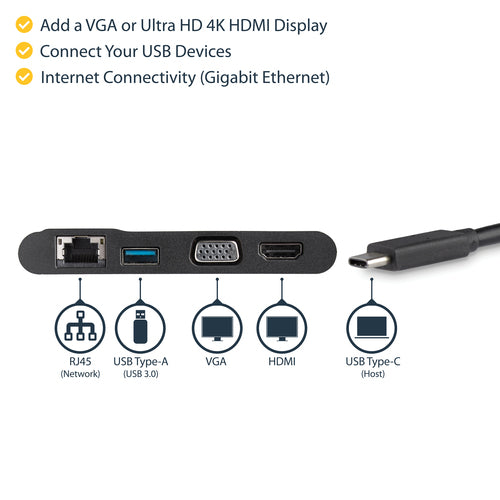 StarTech.com USB-C Multiport Adapter - USB-C Travel Dock with 4K HDMI or 1080p VGA, Gigabit Ethernet, 5Gbps USB-A 3.0 - Discontinued, Limited Stock, & Replaced by DKT31CHVL