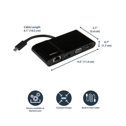 StarTech.com USB-C Multiport Adapter - USB-C Travel Dock with 4K HDMI or 1080p VGA, Gigabit Ethernet, 5Gbps USB-A 3.0 - Discontinued, Limited Stock, & Replaced by DKT31CHVL
