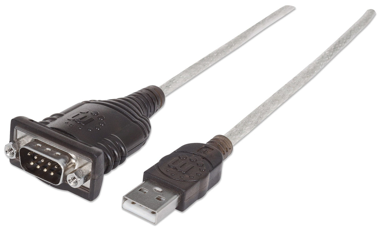 Manhattan USB-A to Serial Converter cable, 45cm, Male to Male, Serial/RS232/COM/DB9, FTDI FT232RL Chip, Windows 11 compatible (plus previous o/s), Black/Silver cable, Three Years Warranty, Equivalent to ICUSB2321F.