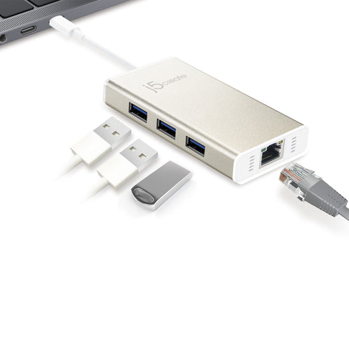 j5create JCH471 USB-C™ Gigabit Ethernet & Hub Multi Adapter, Metallic Champagne