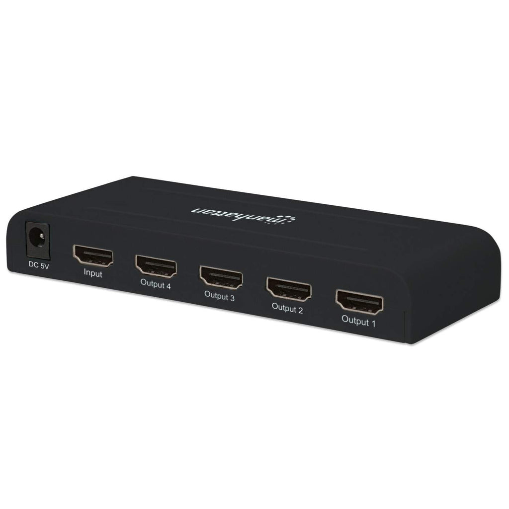 Manhattan HDMI Splitter, 4-Port, 4K@30Hz, AC Powered, Black, Three Year Warranty, Boxed (With Euro 2-pin plug)