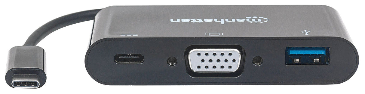Manhattan USB-C 3-Port Hub/Dock, USB-C to USB-A, USB-C and VGA, 5 Gbps (USB 3.2 Gen1 aka USB 3.0), 1080p@60Hz, Power Delivery to USB-C Port (60W), Cable 8cm, Black, Lifetime Warranty, Blister